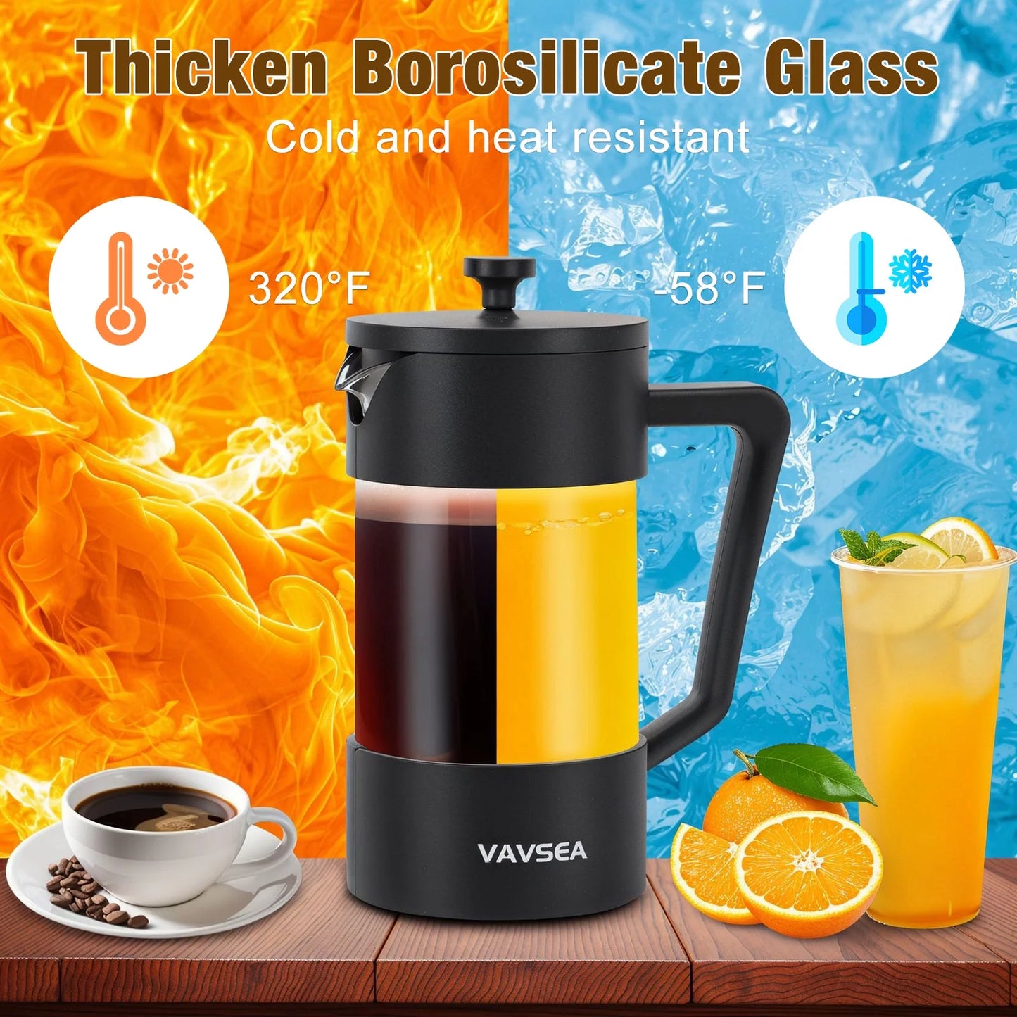 35Oz French Press Coffee Maker, Thickened High-Heat Borosilicate Glass Coffee Press with Fine Filtration System for Camping Travel, Dishwasher Safe, Black