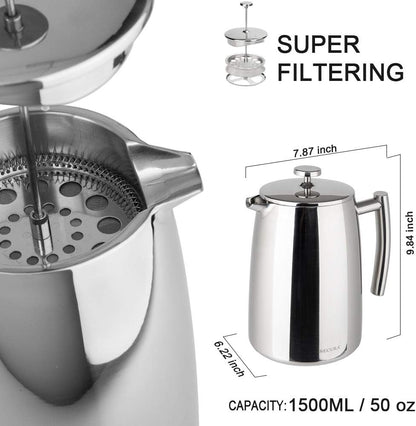 French Press Coffee Maker, 50-Ounce, 304 Stainless Steel Insulated Coffee Press with Extra Screen