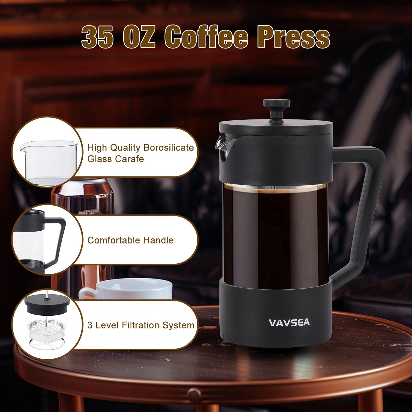 35Oz French Press Coffee Maker, Thickened High-Heat Borosilicate Glass Coffee Press with Fine Filtration System for Camping Travel, Dishwasher Safe, Black